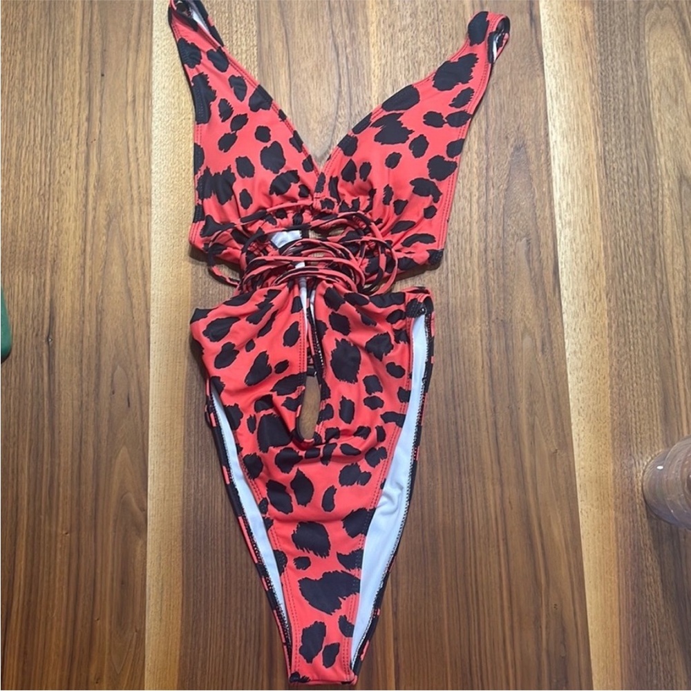 Red Cheetah One-Piece Cutout Swimwsuit
